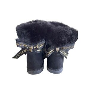 Juicy Couture King Black Faux Fur Trim Bow Winter Boots Mens 8.5 Womens 10.5